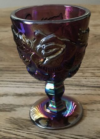 Fenton L.  G.  Wright Madonna Inn Wild Rose 5 " Goblet Purple Luster Carnival Glass