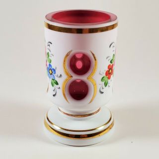 Vintage Bohemia Art Glass Czech White Cut To Cranberry Floral Toothpick Holder