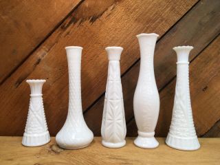 Set Of 5 Vintage White Milk Glass Vases