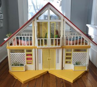 Vintage 70’s A Frame Mattel Barbie Dream House Furnished,  Rare Patio & Fireplace