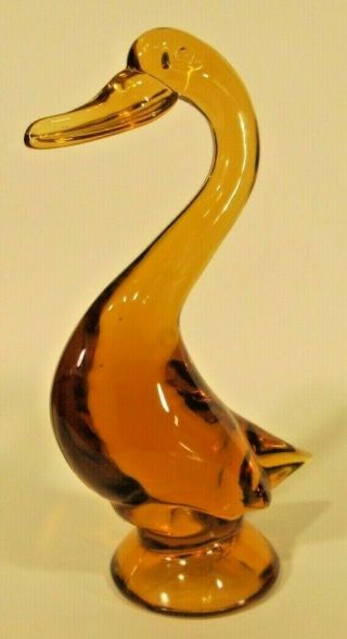 Mid - Century Modern Viking Glass Goose Duck Bird Figurine Golden Amber 9 " Tall.