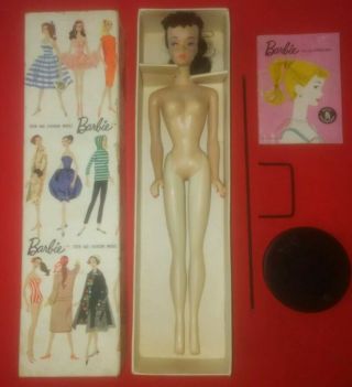 1958 Brunette Ponytail Barbie Doll 3 Mattel Japan Box Stand Booklet