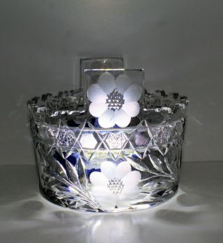 American Brilliant Crystal Cut Glass Ice Bucket Tub With Tab Handle Flowers Star