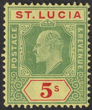 St Lucia 1907 Kevii 5sh Green And Red On Yellow Sg77 Cat £60