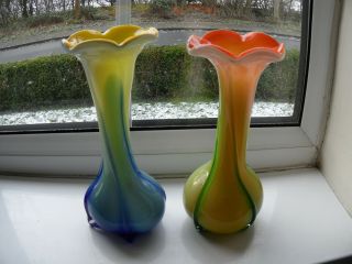 2 X Vintage Italian Hand Blown Jack In The Pulpit Vases