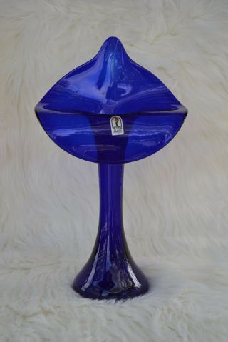 Vintage Cobalt Blue Pilgrim Glass Blown Flower Shaped Vase 12 "