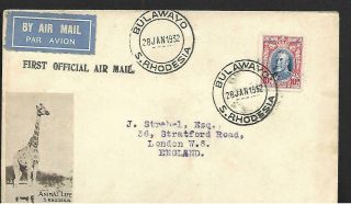 S.  Rhodesia,  28 Jan 1932 1st Official Airmail Cover To Uk,  Giraffe Picture