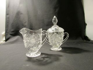 Vintage Cut Glass Crystal Sugar Bowl Lid Glass Spoon & Creamer Set Star Pattern