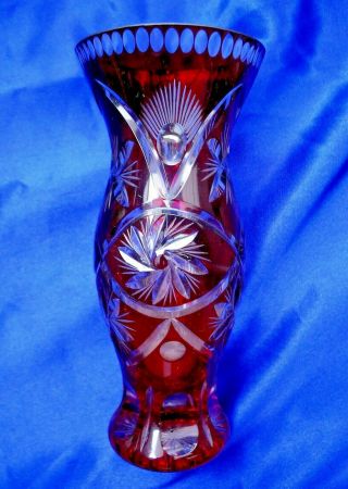 Vintage Bohemian Crystal Glass Vase; Ruby Red Cut To Clear.  15 Cm 315 Gms