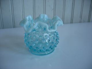 Fenton Usa Blue Opalescent 3 " Glass Vase Double Crimp Hobnail 1939 - 1955