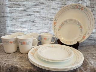 15 Pc Corelle Apricot Grove 5 Dinner Plates,  5 Salad Plates,  And 5 Cups