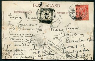 Barbados 1934 Incoming Postcard From Uk With 1d Postage Due Sg D.  2