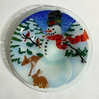 Peggy Karr Signed Fused Glass Snowman & Woodland Friends Bowl 8.  5 Inches