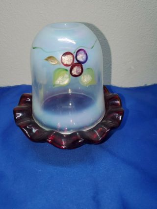Fenton Opalescent/cranberry Hand Painted And Signed Fairy Lamp