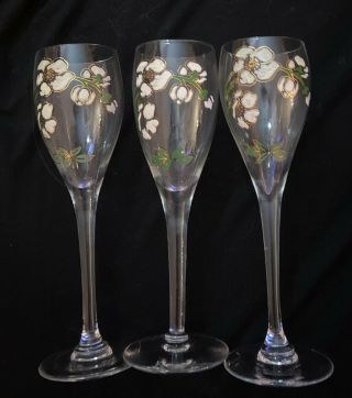3 Vtg French Perrier Jouet Anemone Belle Hand Painted Flowers Champagne Flutes