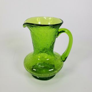 Vintage Blenko Crackle Glass Mini Pitcher 4.  25 " Lime Green In Color