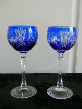 Gorgeous Pr.  Bohemian Czech Blue Cut To Clear Crystal Wine Goblets
