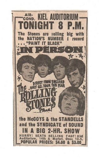 1966 Rolling Stones St.  Louis Concert Newspaper Ad Kiel Auditorium