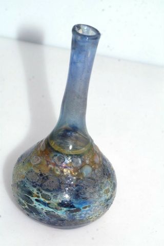 Very Fine Hand Blown Art Glass Bottle Bud Vase 4 " Blue Green Gold