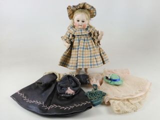 5 Inch Kestner Barefoot All Bisque Doll With Antique Trousseau Clothing & Hats 2