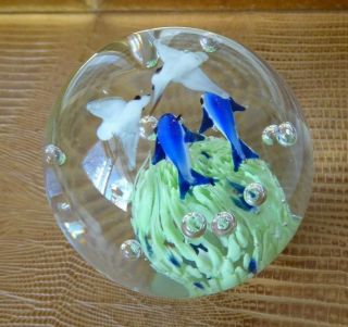Vintage Murano Art Glass Aquarium Paperweight Two Dolphins Two Seagulls