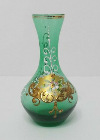 Murano 24k Gold Gilt Green Venetian Hand Painted Floral Small Bud Thin Neck Vase