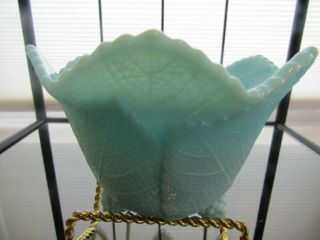 Vintage Turquoise Blue Milk Glass Ruffled Edge Dish Bowl Basket Leaf Pattern