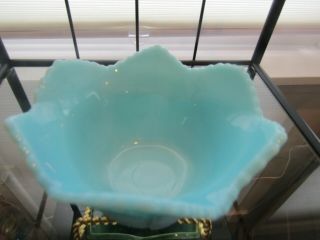 Vintage Turquoise Blue Milk Glass Ruffled Edge Dish Bowl Basket Leaf Pattern 2
