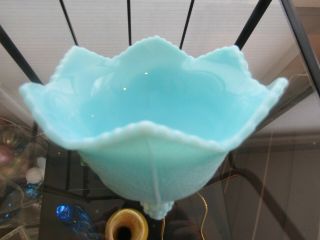 Vintage Turquoise Blue Milk Glass Ruffled Edge Dish Bowl Basket Leaf Pattern 3