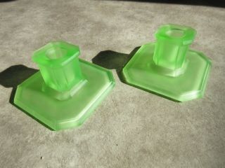 Uranium Vaseline Satin Glass Square Squat Candle Holders Green Depression