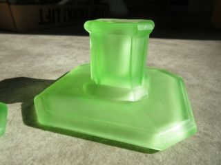 Uranium Vaseline Satin Glass Square Squat Candle Holders Green Depression 2