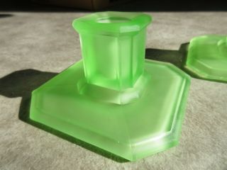 Uranium Vaseline Satin Glass Square Squat Candle Holders Green Depression 3