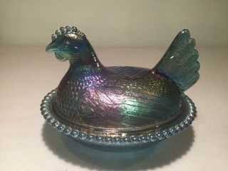 Vintage Indiana Glass Blue Teal Iridescent Hen On Nest Candy Dish