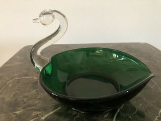 Vintage Swan Candy Dish Dark Green And Clear Glass