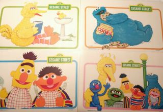 4 Vintage Sesame Street 1981 Vinyl Laminated Activity Placemats Muppets Usa