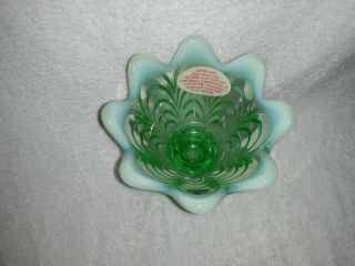 Fenton Double Ended Green Opalescent Draped Candle Holder w/ Stickers 3