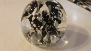 Vintage Monte Dunlavy - Art Glass Paperweight Black White Trumpet Flowers Bubbles
