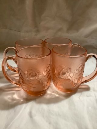 Set Of 4.  Vintage Pink Glass Arcoroc France Rose Coffee Mug