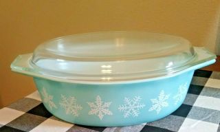 Vintage Pyrex White Snowflake On Turquoise 045 2 1/2 Qt Casserole Dish Oval