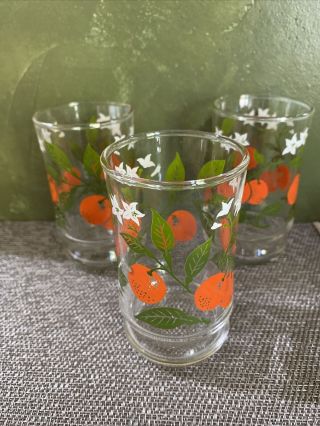 Vintage Libbey Juice Glasses Oranges - White Flower - Set Of 3 - Scripted L