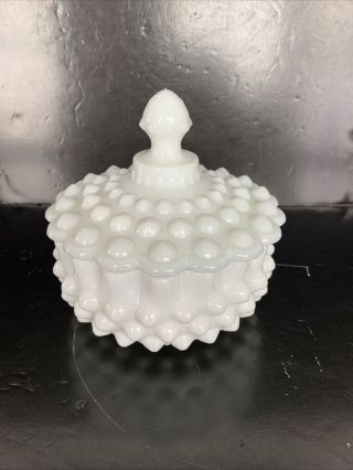 Vintage Fenton Milk Glass White Hobnail Candy Dish With Lid 3883 5”