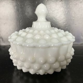 Vintage Fenton Milk Glass White Hobnail Candy Dish with Lid 3883 5” 2