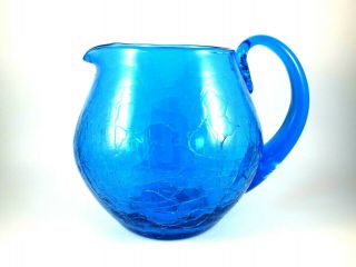 Vintage Mid - Century Modern Blenko Crackled Blue Art Glass Pitcher 5.  5 " Tall