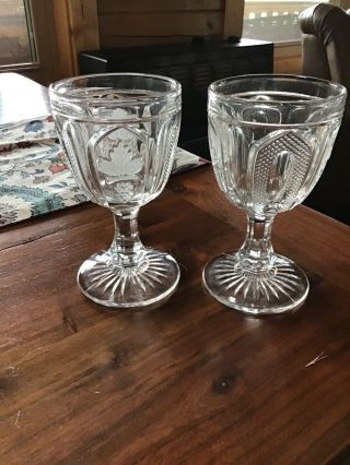 Flint Frosted Magnet And Grape Early American Pattern Glass Goblets Set Of 2