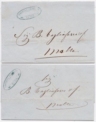 1859 X 2 Tunis Stampless Letters To Malta Gaetano Fedriani Oval Cachet Sender
