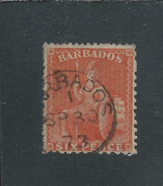 Barbados 1873 6d Orange Vermilion Fu Sg 60 Cat £95