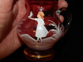 Vintage Mary Gregory Hand Painted Girl Bird Cranberry Glass Syrup Holder Pour.