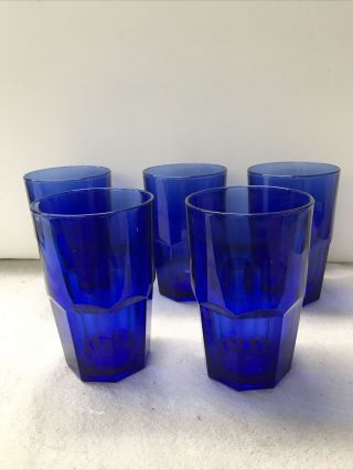 Vintage Set Of 5 Libbey Crisa Cobalt Blue Paneled Drinking Glasses 16 Oz