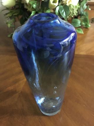 Cobalt Blue Handmade Blown Art Glass Vase Bottom Crackle Glass Top Swirled 11 "