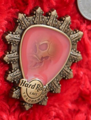 Hard Rock Cafe Pin YOKOHAMA Translucent SKULL Pink 3D Guitar bronze hat lapel 3